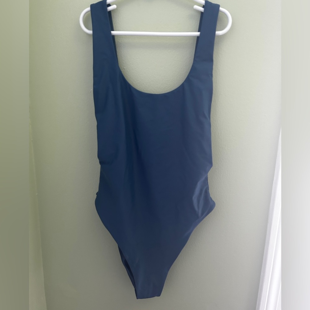 Blue low back one piece swimsuit
